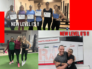 New FitRanX Level 1s and Level 6s celebrating their functional fitness test achievements.