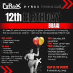 A FitRanX event poster announcing the 12th Birthday Braai on 6 December, featuring event details, a female athlete mid-workout, and branding elements.